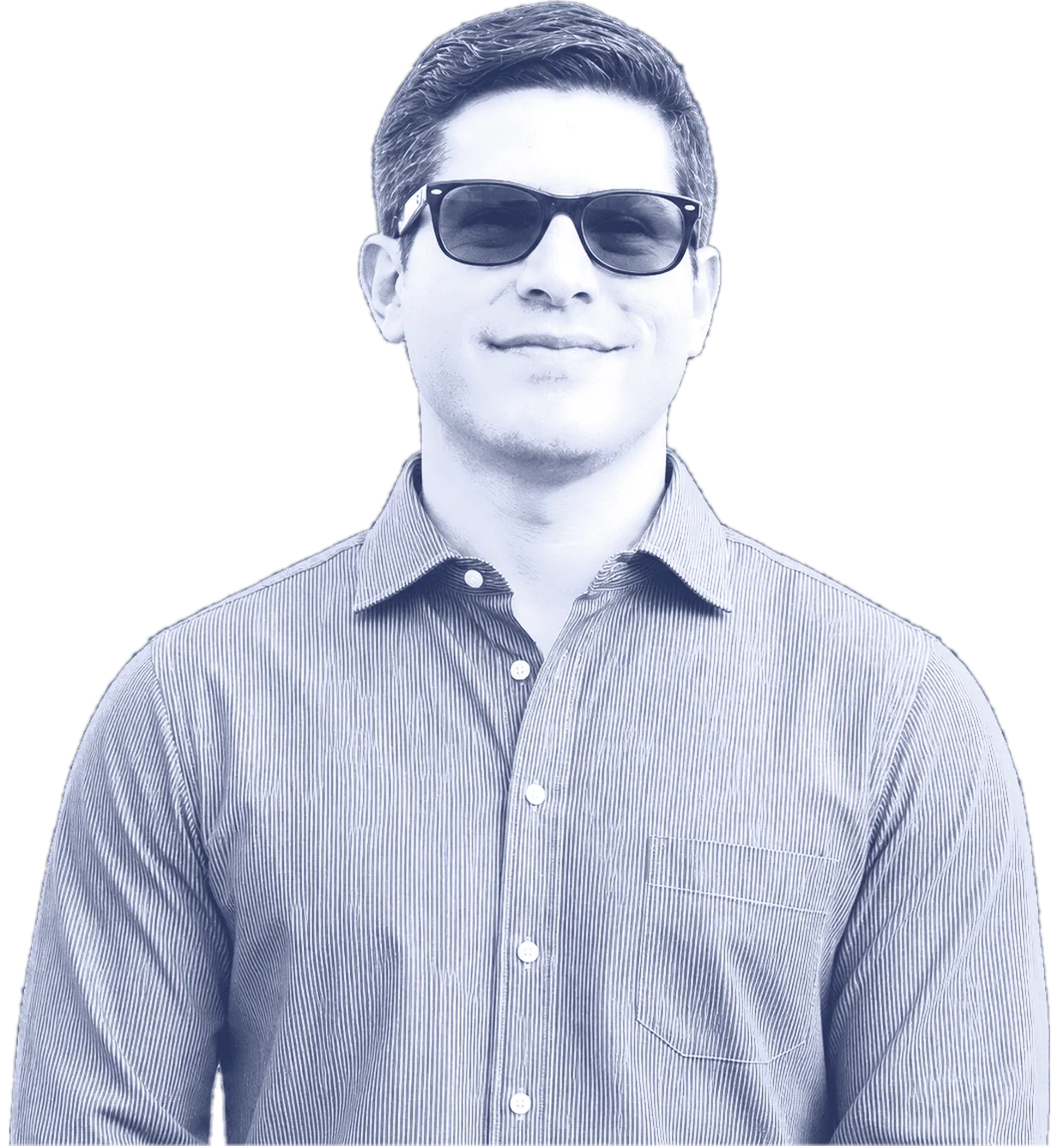 Alex Servin avec des lunettes de soleil — portrait éditorial en duotone